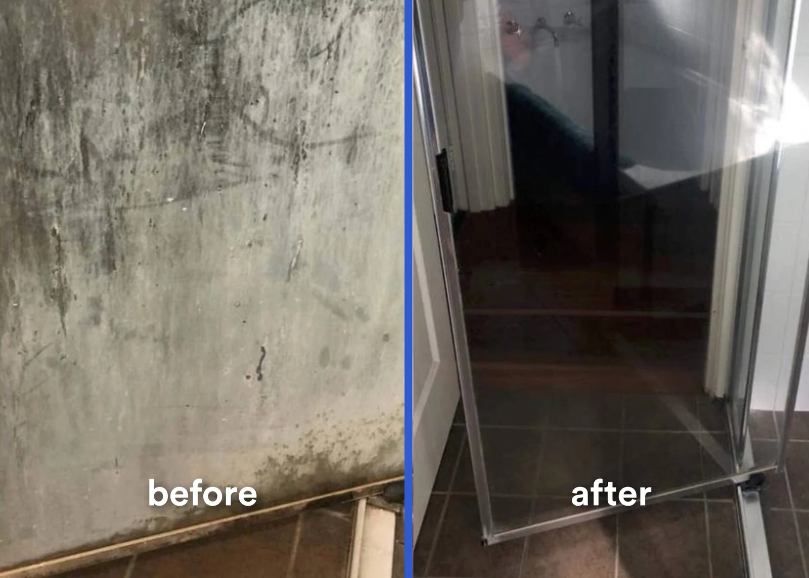 Shower screen before and after cleaning with the bathroom range